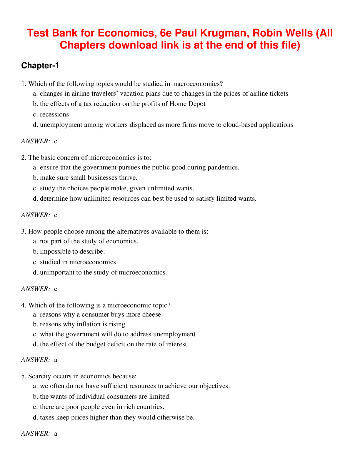 Preview of Economics, 6e Paul Krugman, Robin Wells (Test Bank)